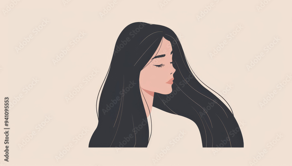 Woman With Long Hair Minimalistic Flat Illustration, Simple Drawing Style Woman With Long Hair Minimalistic Flat Illustration, Simple Drawing Style