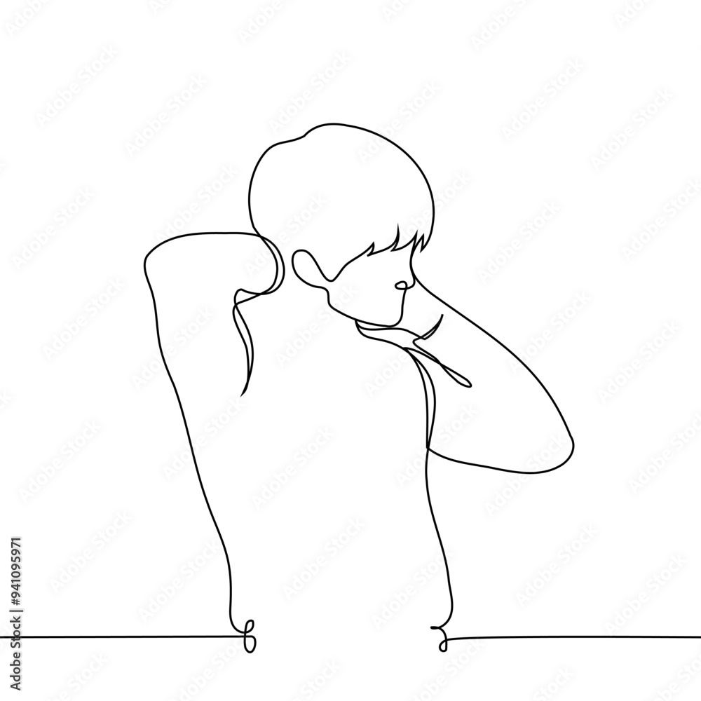 man standing massaging the back of his neck - one line art vector. concept neck pain, self massage man standing massaging the back of his neck - one line art vector. concept neck pain, self massage