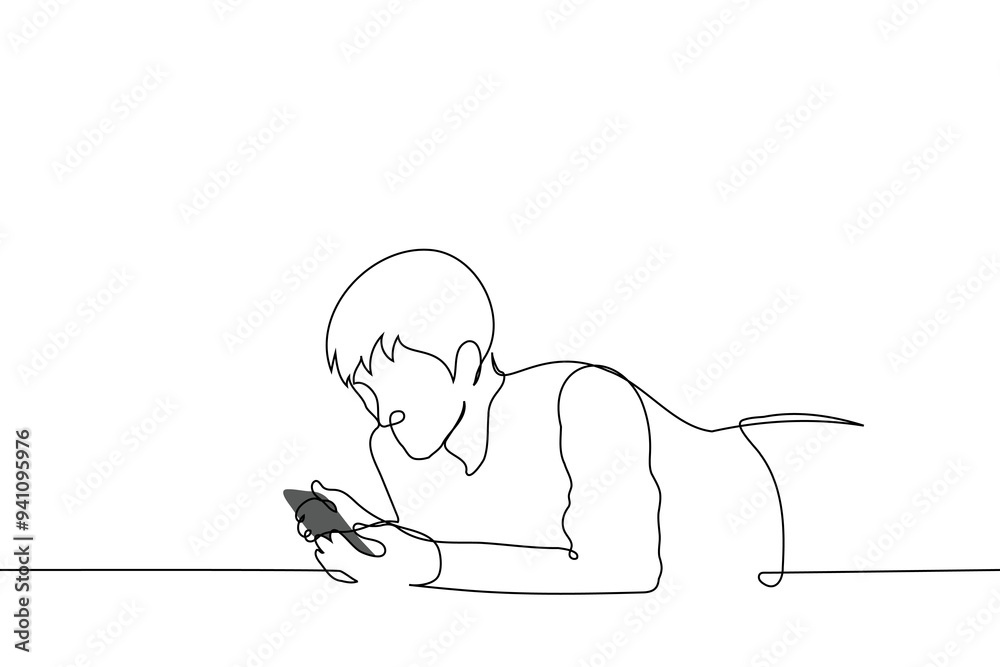 man lying on his stomach with phone in hand covered with blanket - one line art vector. concept night surfing the internet man lying on his stomach with phone in hand covered with blanket - one line art vector. concept night surfing the internet