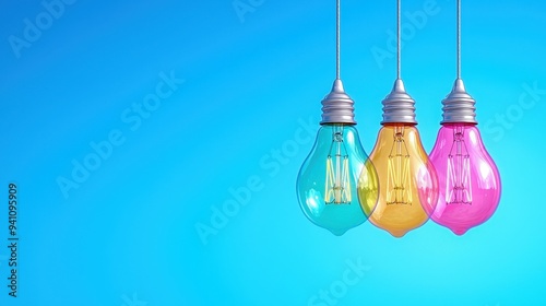 Colorful hanging light bulbs against a bright blue background, perfect for creative lighting design and modern home decor.