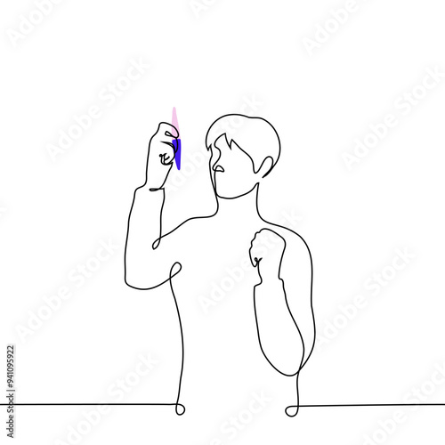 man excitedly waiting for the result of his partner's pregnancy test - one line art vector. concept future father, desired fatherhood