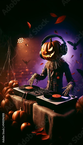 halloween party background with a scarecrow dj with a pumpkin head, generative ai