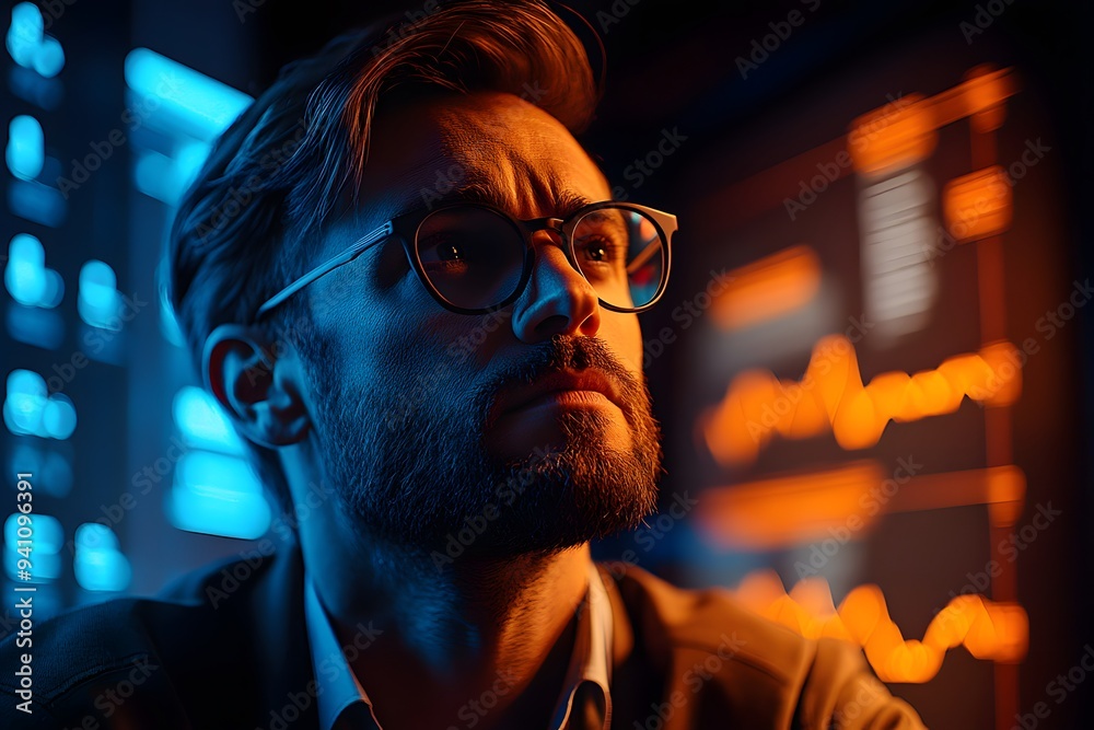 A man in a dimly lit room, wearing glasses and a beard, looks intently at data charts on multiple computer screens. The blue and orange light from the screens illuminate A man in a dimly lit room, wearing glasses and a beard, looks intently at data charts on multiple computer screens. The blue and orange light from the screens illuminate