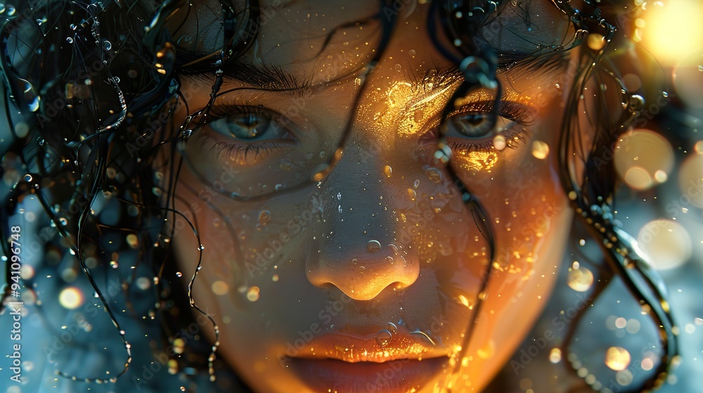 Water Drops on a Woman's Face: A Close-Up Portrait Water Drops on a Woman's Face: A Close-Up Portrait