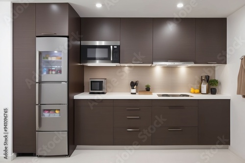 Modern Kitchen with Stainless Steel Refrigerator and Dark Cabinetry