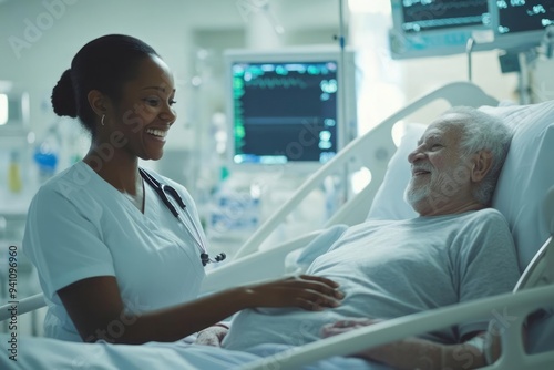 A compassionate Black nurse in hospital room, administering care to an elderly patient, dedication and empathy of healthcare professionals