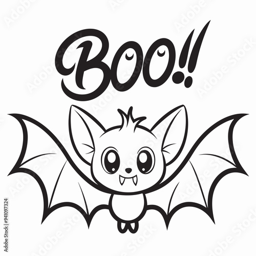 A  bat with large eyes and outstretched wings is accompanied by the playful text Booo!