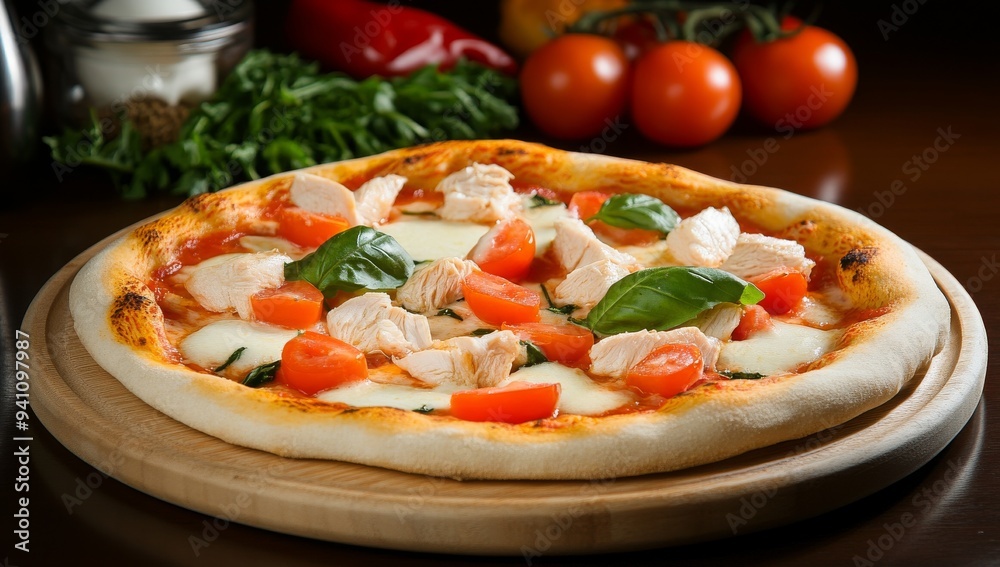Food photography of a pizza with chicken, tomatoes Food photography of a pizza with chicken, tomatoes