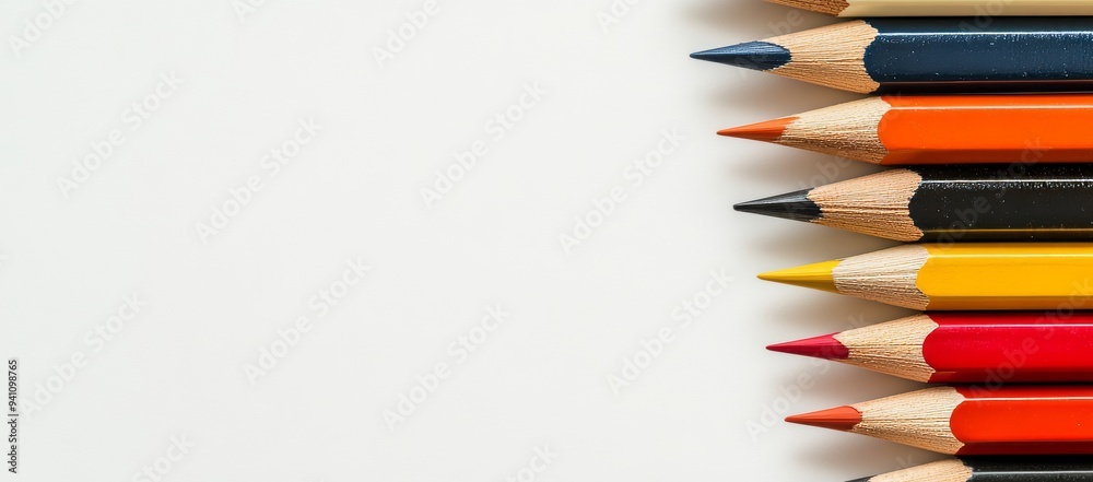 Colorful pencils arranged in rows on a white background