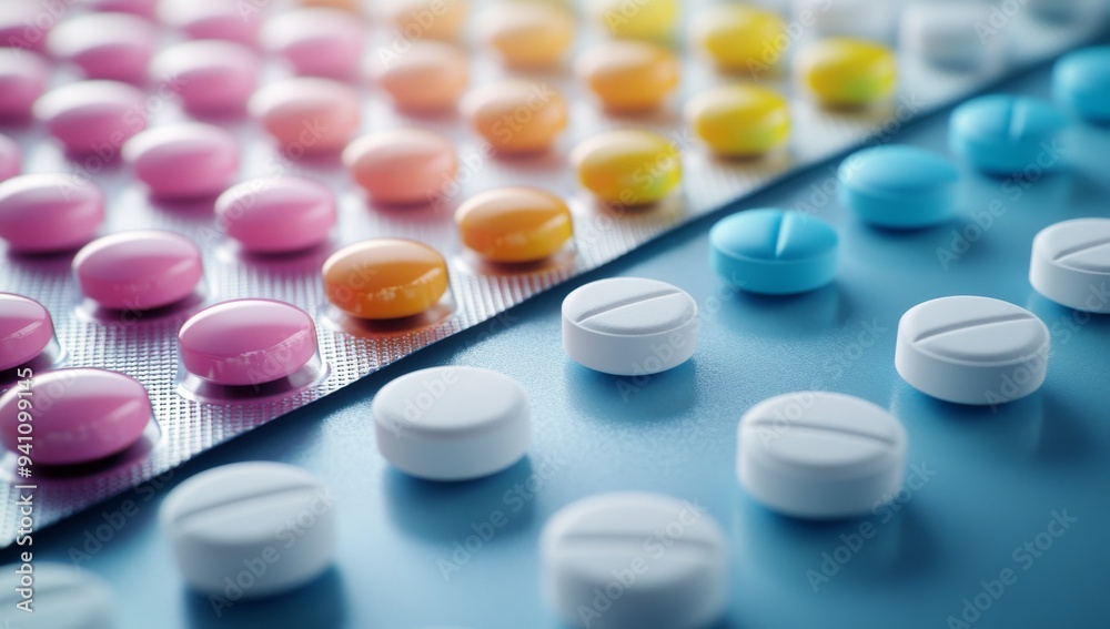 Colorful pills and tablets in an array of colors and shapes Colorful pills and tablets in an array of colors and shapes