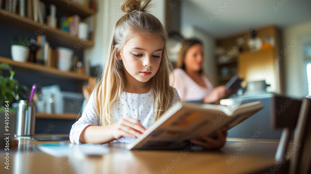Young girl reading a book at a kitchen table with an adult in the background. Young girl reading a book at a kitchen table with an adult in the background.