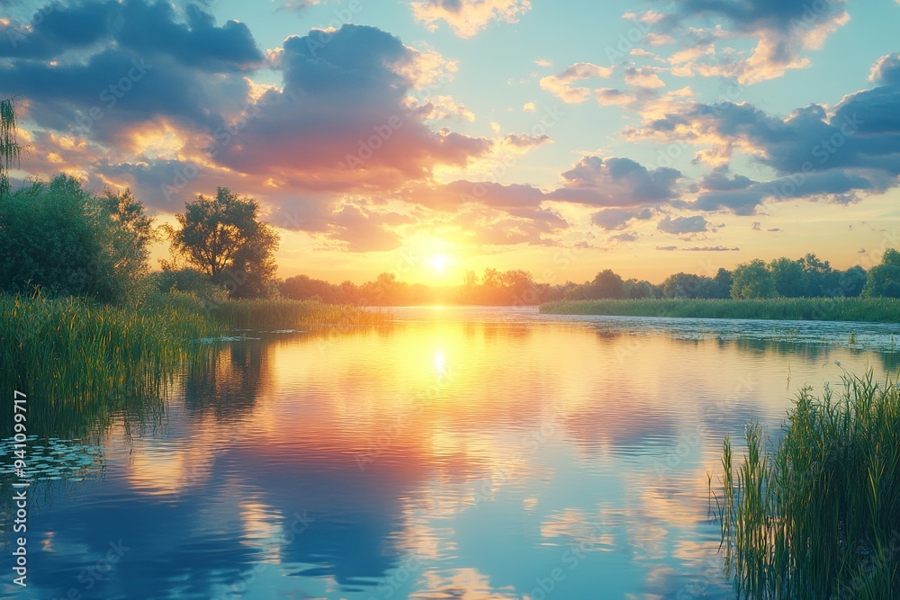 A colorful summer sunset reflecting on a peaceful river A colorful summer sunset reflecting on a peaceful river