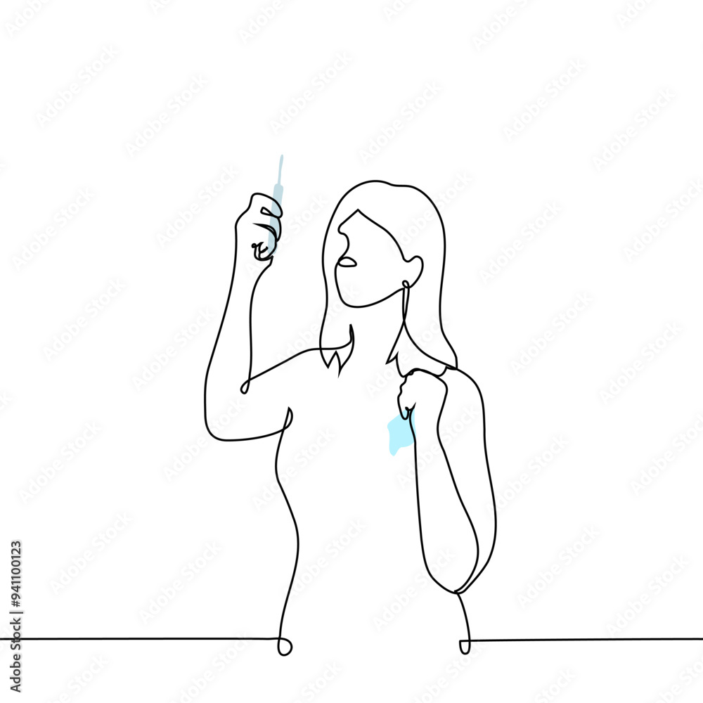 woman checking temperature with thermometer with handkerchief in hand - one line art vector. concept cold woman looking at result of body temperature measurement