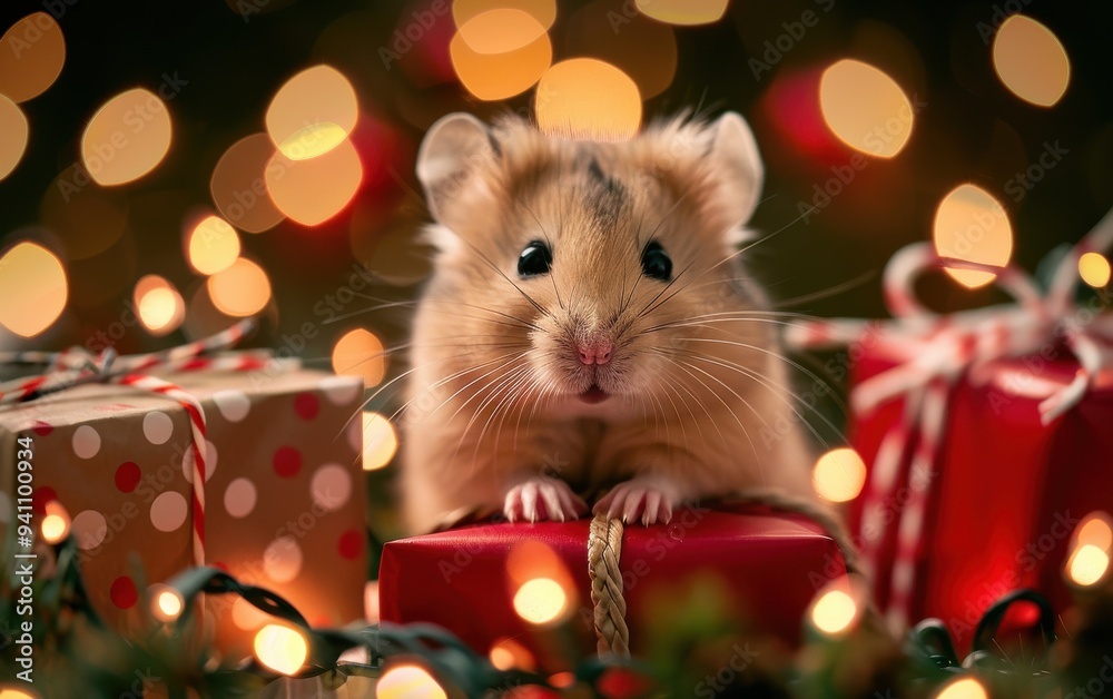 Cute hamster with Christmas presents and holiday lights, creating a festive and heartwarming atmosphere. Cute hamster with Christmas presents and holiday lights, creating a festive and heartwarming atmosphere.