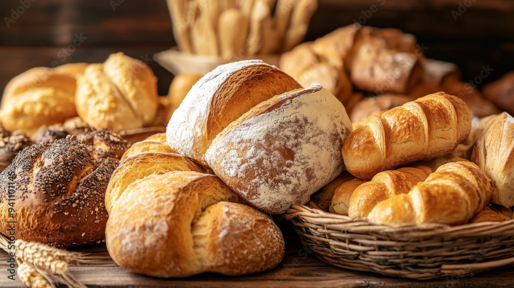 Freshly baked bread in a basket on a wooden table. Freshly baked bread in a basket on a wooden table.