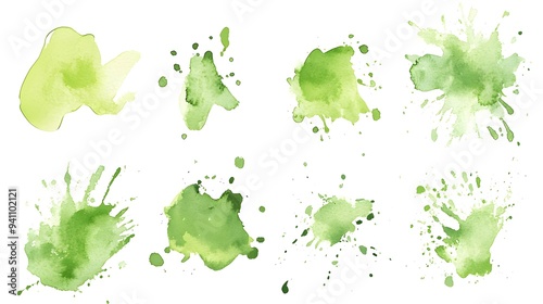 Set of abstract green watercolor water splash on a white background. Vector watercolor texture in salad color. Ink paint brush stain. Green splatters spot. Watercolor pastel splash photo