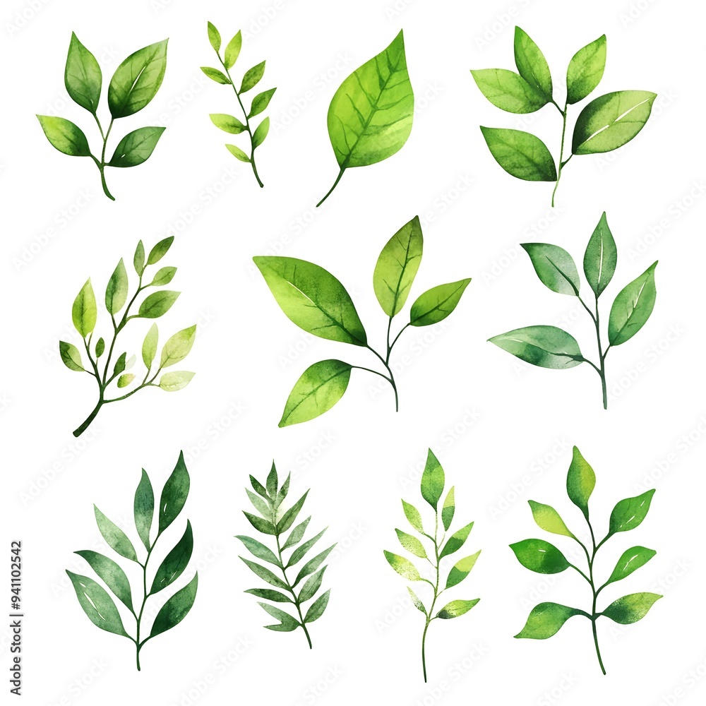 Set of watercolor green leaves elements. Collection botanical vector isolated on white background suitable for Wedding Invitation, save the date, thank you, or greeting card Set of watercolor green leaves elements. Collection botanical vector isolated on white background suitable for Wedding Invitation, save the date, thank you, or greeting card