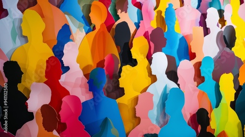 A vibrant illustration of a diverse crowd, highlighting unity and diversity with colorful silhouettes of people.