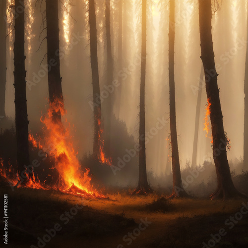 The trunk of a tree is on fire, a fire in the forest, smoke is spreading in the morning air