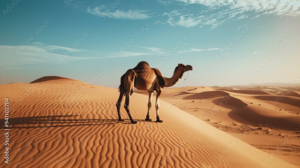 A solitary camel strides across the vast sand dunes, casting a long shadow under the bright sunlight, embodying the stark beauty and expanse of desert life. A solitary camel strides across the vast sand dunes, casting a long shadow under the bright sunlight, embodying the stark beauty and expanse of desert life.