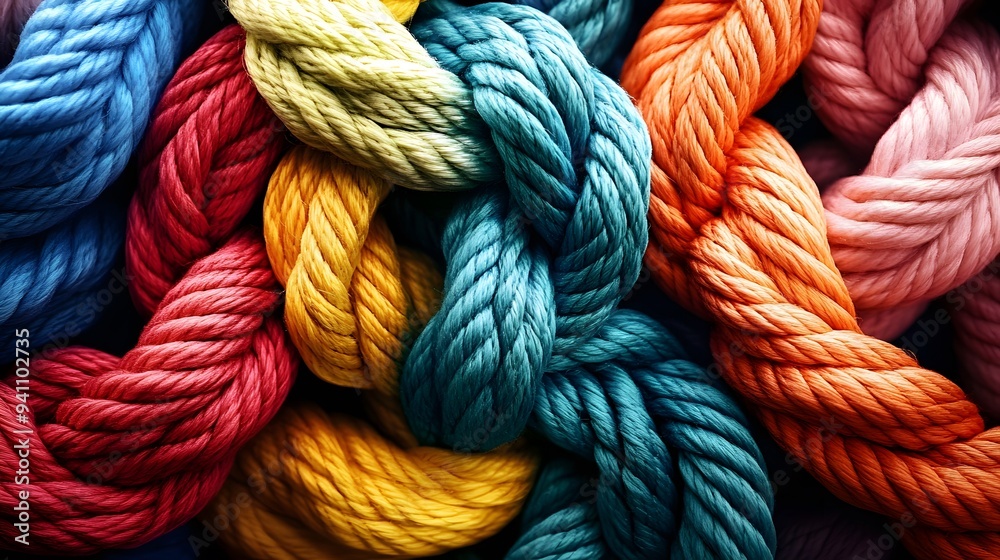 Colorful Knotted Ropes and Twines, Symbolizing Strength in Diverse Collaboration for Success Colorful Knotted Ropes and Twines, Symbolizing Strength in Diverse Collaboration for Success