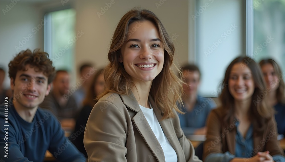 Fototapeta premium Successful female student with group of college students at classroom of university
