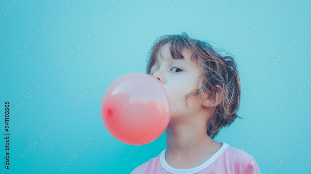 A young child with short, tousled hair blows a big bubblegum bubble, set against a bright blue background, with a curious, playful gaze. A young child with short, tousled hair blows a big bubblegum bubble, set against a bright blue background, with a curious, playful gaze.