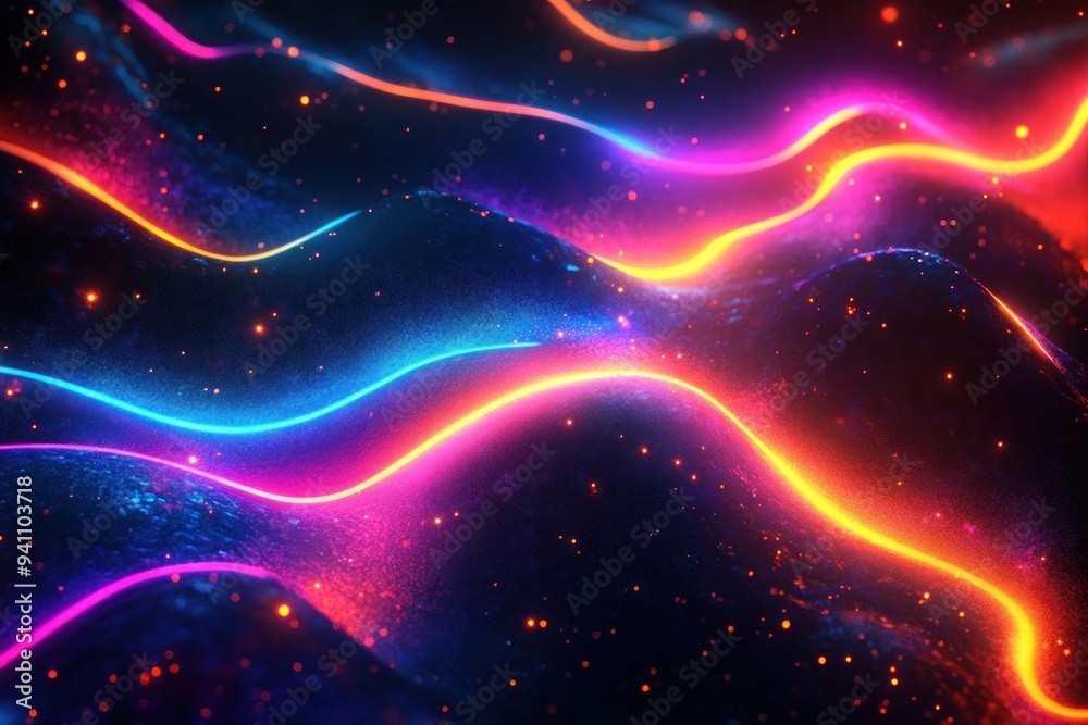 Abstract Cosmic Landscape with Glowing Lines and Stars Abstract Cosmic Landscape with Glowing Lines and Stars