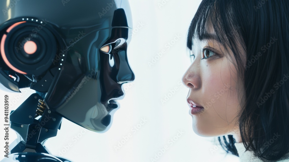 A young woman faces a robot closely, capturing an intense moment of human-robot interaction in a futuristic setting. A young woman faces a robot closely, capturing an intense moment of human-robot interaction in a futuristic setting.