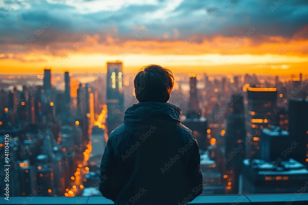 A person looking out from a skyscraper at a city bathed in the last light of day A person looking out from a skyscraper at a city bathed in the last light of day