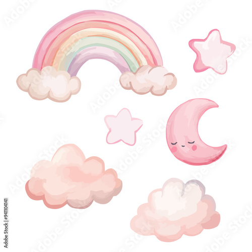 Set of cute pink moon, rainbow, stars, clouds photo