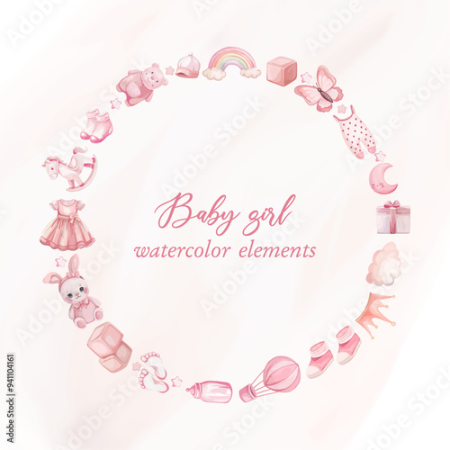 Cute pink circular frame with baby girl watercolor elemnets fro greeting card It's a girl