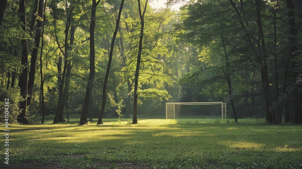 A lone soccer goal stands in the middle of a sun-dappled clearing in a lush forest, evoking a timeless and serene spirit of nature and play. A lone soccer goal stands in the middle of a sun-dappled clearing in a lush forest, evoking a timeless and serene spirit of nature and play.