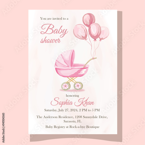 Cute pink watercolor baby shower card with baby stroller It's a girl