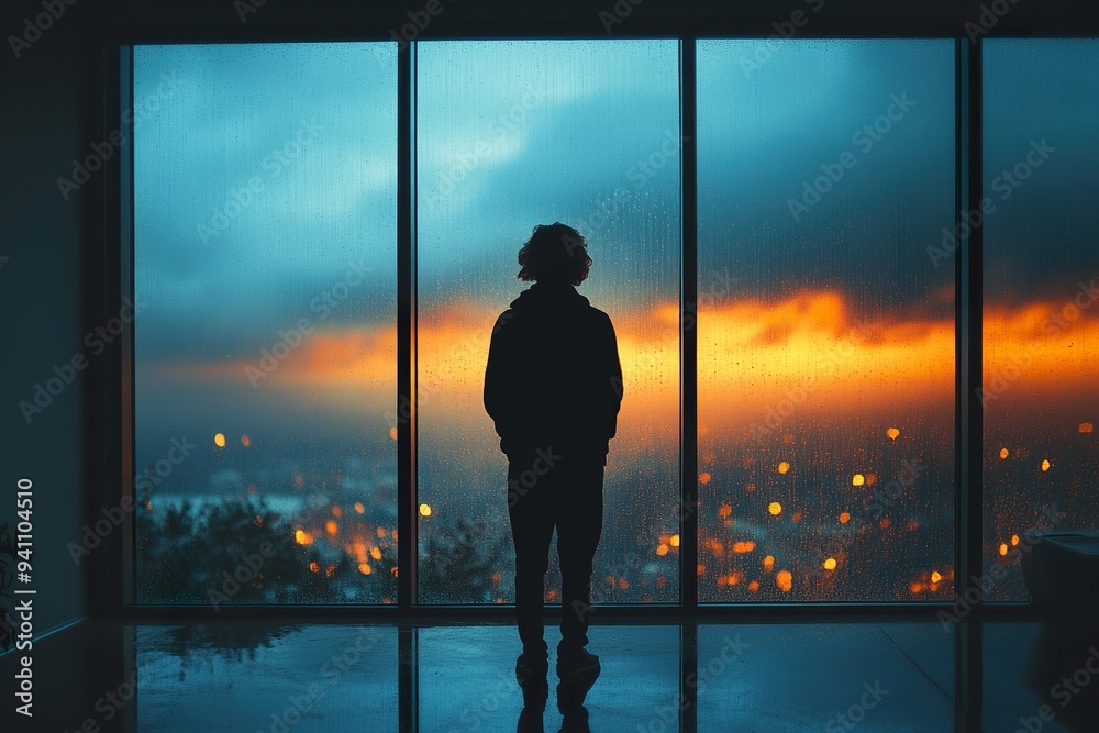 Fototapeta premium A person standing in front of a large window, watching the rain as the day fades into night