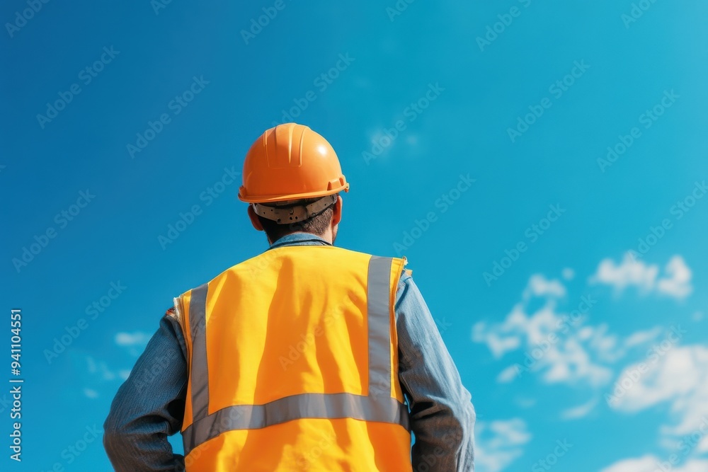 A construction worker in an orange safety helmet and vest observes the clear blue sky, highlighting workplace safety and diligence. A construction worker in an orange safety helmet and vest observes the clear blue sky, highlighting workplace safety and diligence.