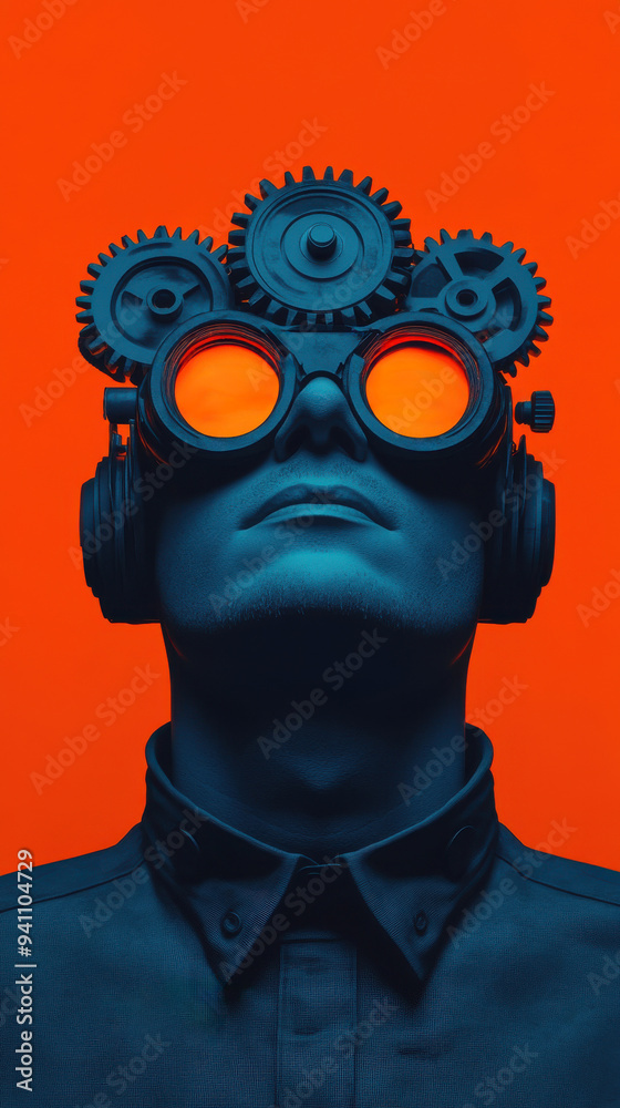 A creative portrait of a person with gears and goggles against a vibrant orange background, symbolizing innovation and imagination. A creative portrait of a person with gears and goggles against a vibrant orange background, symbolizing innovation and imagination.