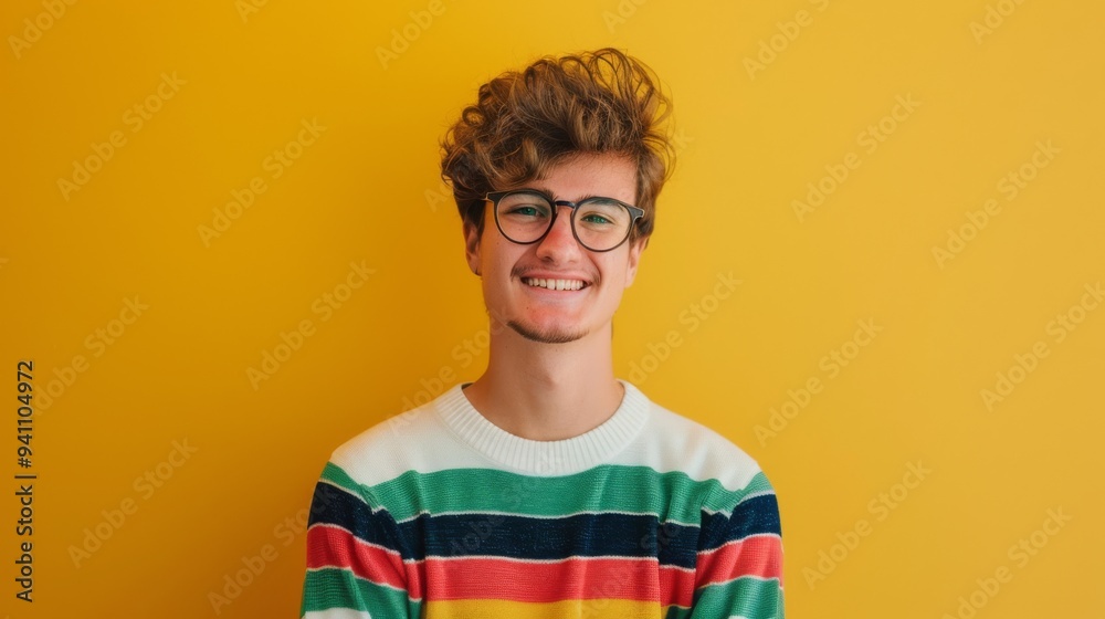 Young man in glasses and a colorful striped sweater smiling brightly against a solid yellow background. Young man in glasses and a colorful striped sweater smiling brightly against a solid yellow background.
