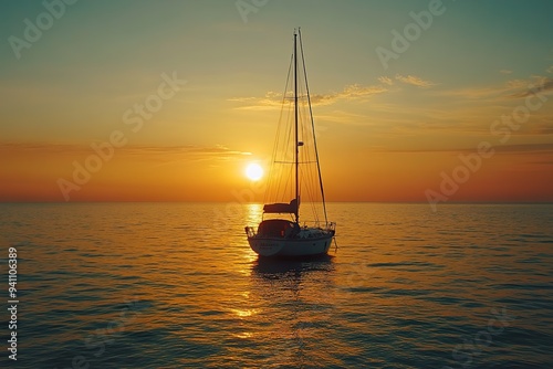 A sailboat anchored near shore, silhouetted against a vibrant sunset