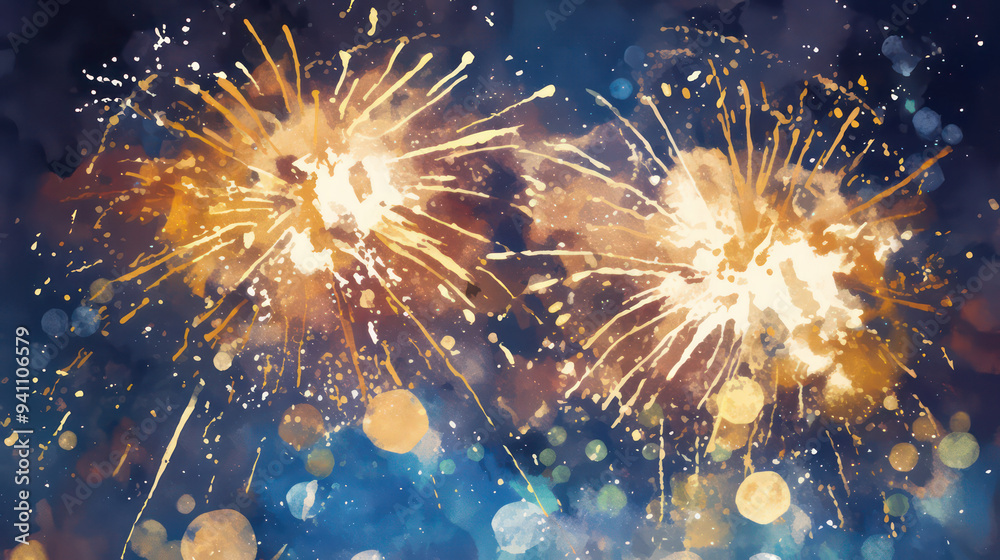 Fototapeta premium Fireworks in the night sky. Watercolor illustration. Stylized cartoon art
