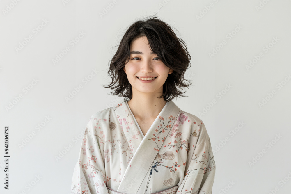 A young Japanese woman with short hair wears a beautifully patterned white kimono, blending tradition with youthfulness. Ideal for cultural presentations, fashion content. A young Japanese woman with short hair wears a beautifully patterned white kimono, blending tradition with youthfulness. Ideal for cultural presentations, fashion content.