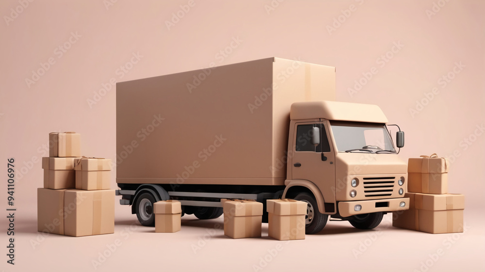 3d render of brown cardboard box package with truck for mock up and creative design. . 3d render of brown cardboard box package with truck for mock up and creative design. .