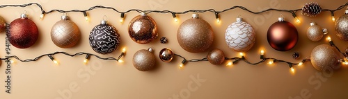 Elegant holiday ornaments in gold, bronze, and silver tones illuminated by warm lights, perfect for festive celebrations. photo