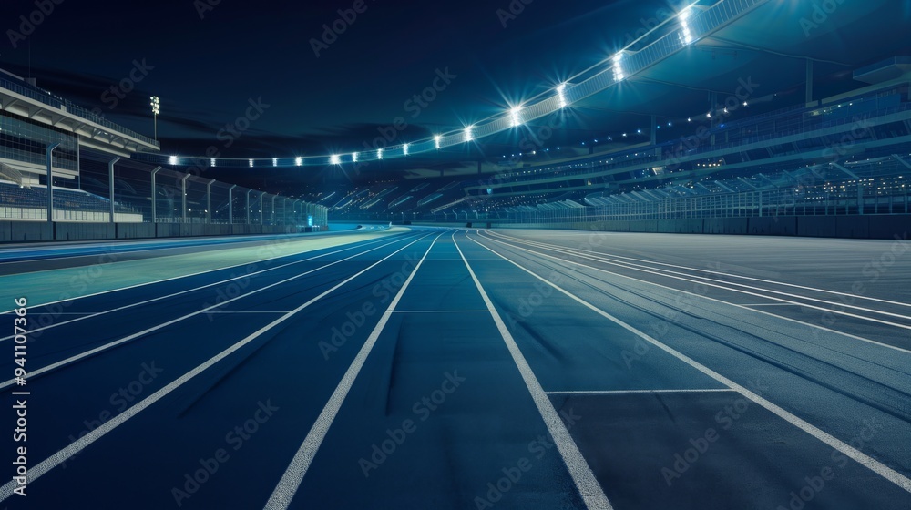 A deserted racetrack under the artificial glow of nightlights, evoking a sense of solitude and anticipation within its vast, echoing expanse.