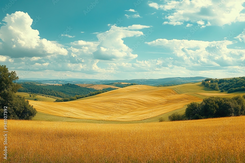 A scenic view of rolling hills with golden summer crops ready for harvest A scenic view of rolling hills with golden summer crops ready for harvest