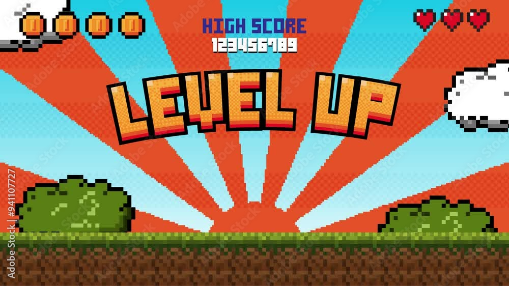 Pixel art game level up press start background.Video game level up background. Retro 8 bit video game interface with You Win text, computer game level up background.	