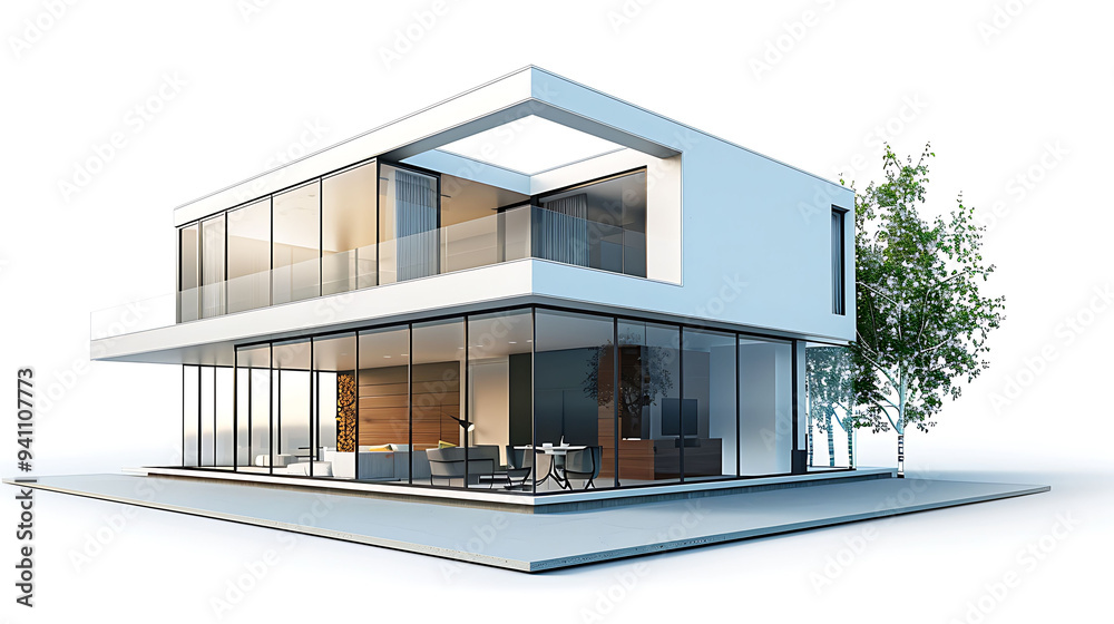 A contemporary, glass-walled house with a minimalist design, isolated on a white background with a realistic shadow A contemporary, glass-walled house with a minimalist design, isolated on a white background with a realistic shadow