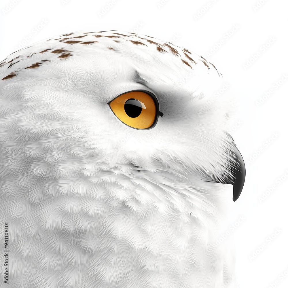 Obraz premium A stunning close-up of a white owl showcasing its striking features and captivating gaze, perfect for nature lovers. Isolated on white background.