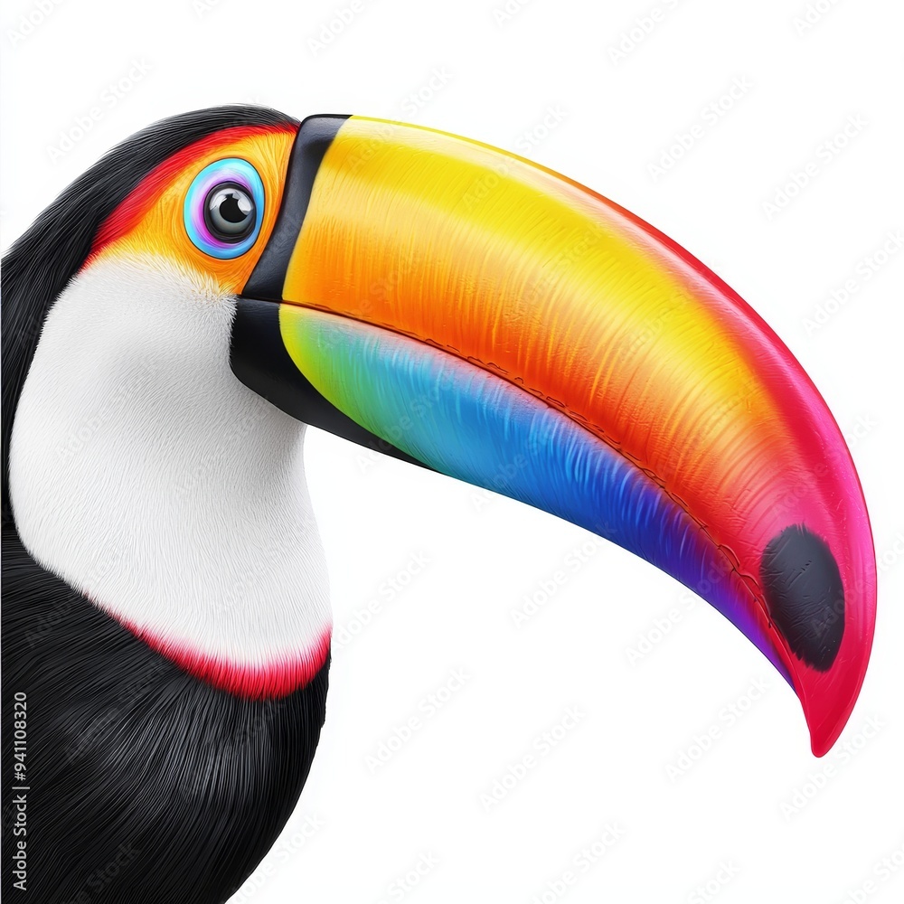 Naklejka premium A vibrant toucan with a colorful beak, showcasing the beauty of tropical wildlife in vivid detail. Isolated on white background.