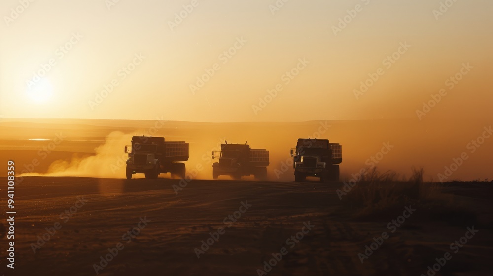 Fototapeta premium A convoy of three all-terrain vehicles traverse a dusty, expansive landscape under a glowing sunset, evoking themes of adventure and resilience.